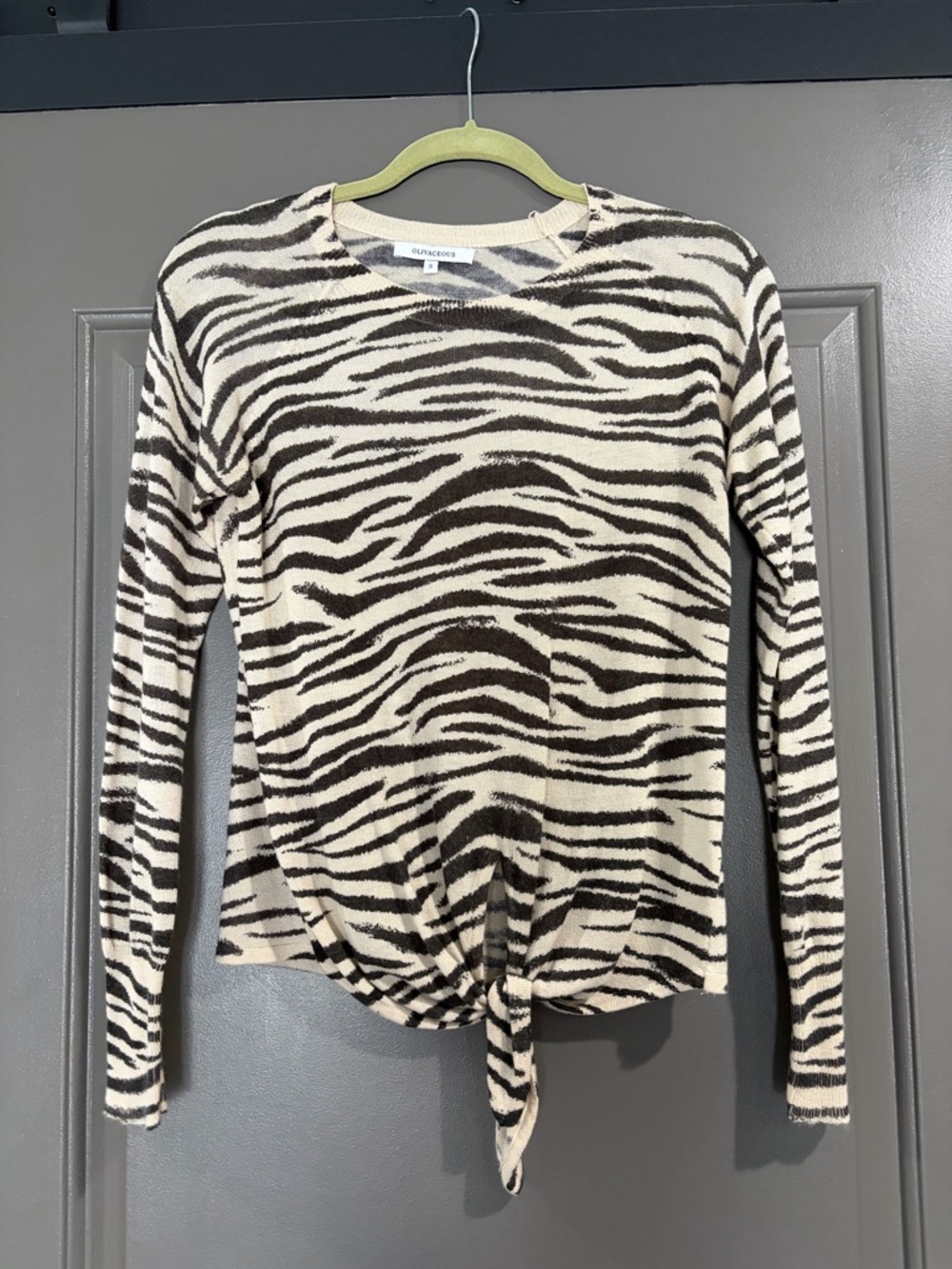 Olivaceous Cream and Black Zebra Tie-Front Long Sleeve Top